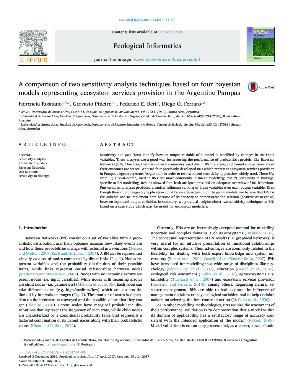 A comparison of two sensitivity analysis techniques based on four bayesian models representing ecosystem services provision in the Argentine Pampas