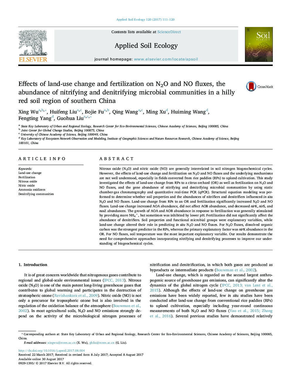 Effects of land-use change and fertilization on N2O and NO fluxes, the abundance of nitrifying and denitrifying microbial communities in a hilly red soil region of southern China