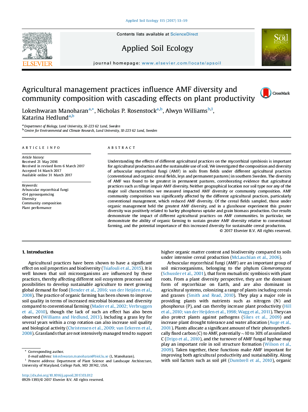 Agricultural management practices influence AMF diversity and community composition with cascading effects on plant productivity