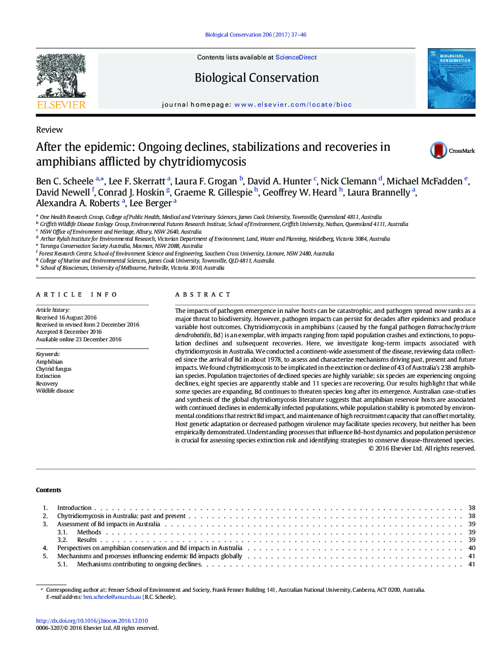 ReviewAfter the epidemic: Ongoing declines, stabilizations and recoveries in amphibians afflicted by chytridiomycosis