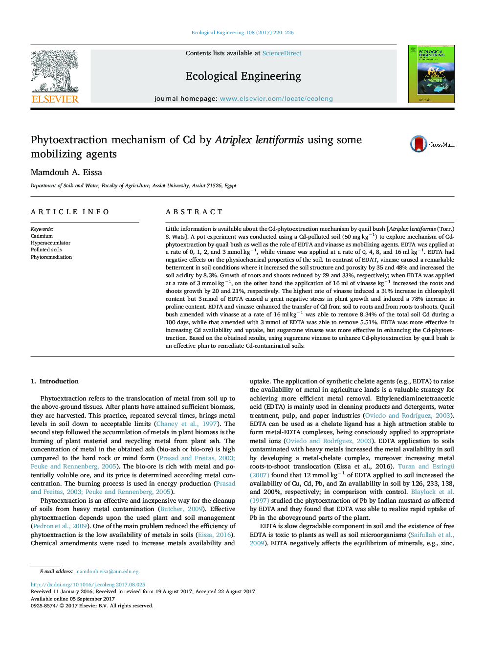 Phytoextraction mechanism of Cd by Atriplex lentiformis using some mobilizing agents