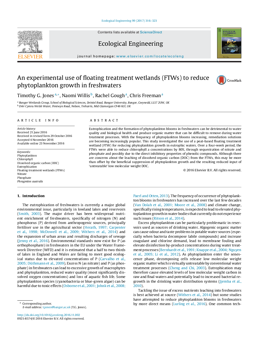 An experimental use of floating treatment wetlands (FTWs) to reduce phytoplankton growth in freshwaters