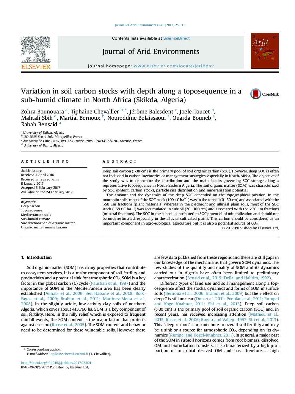 Variation in soil carbon stocks with depth along a toposequence in a sub-humid climate in North Africa (Skikda, Algeria)