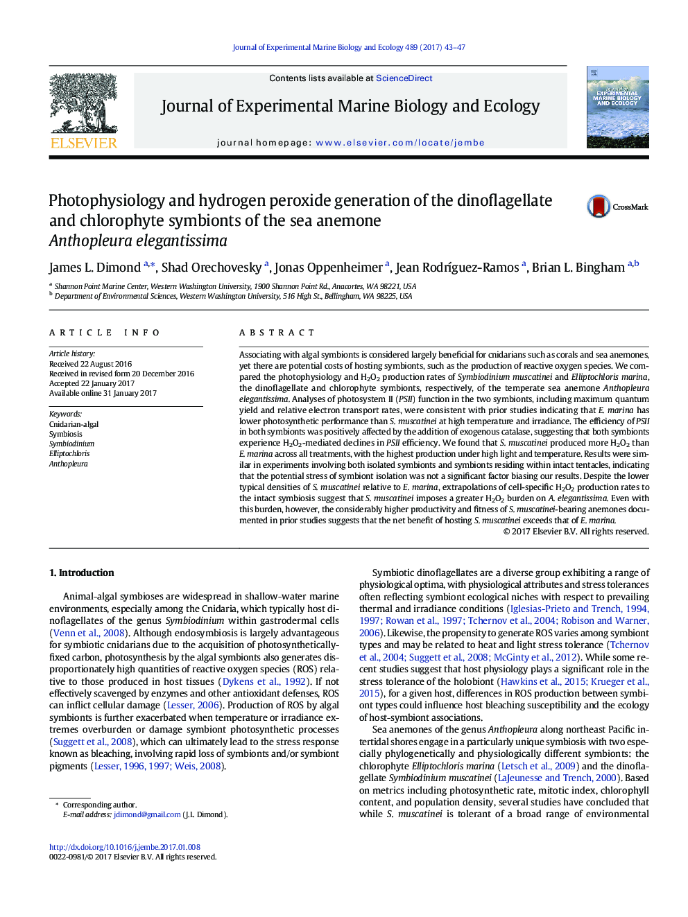 Photophysiology and hydrogen peroxide generation of the dinoflagellate and chlorophyte symbionts of the sea anemone Anthopleura elegantissima