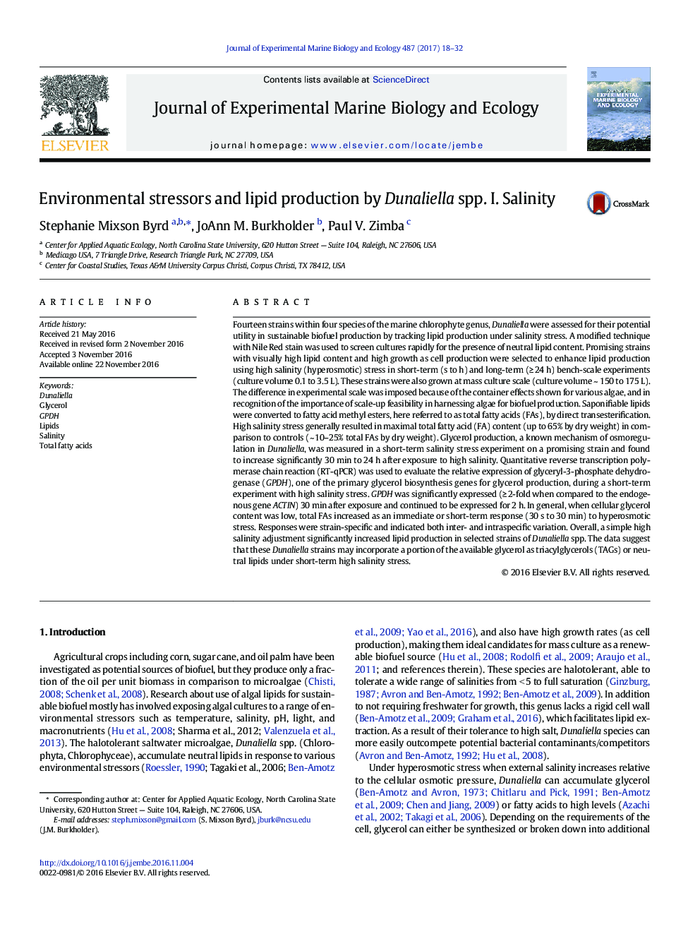 Environmental stressors and lipid production by Dunaliella spp. I. Salinity