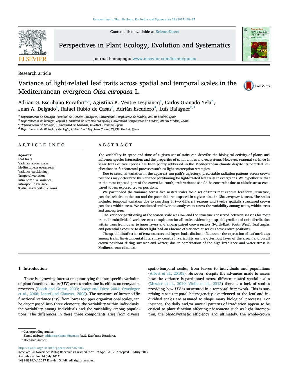 Research articleVariance of light-related leaf traits across spatial and temporal scales in the Mediterranean evergreen Olea europaea L.