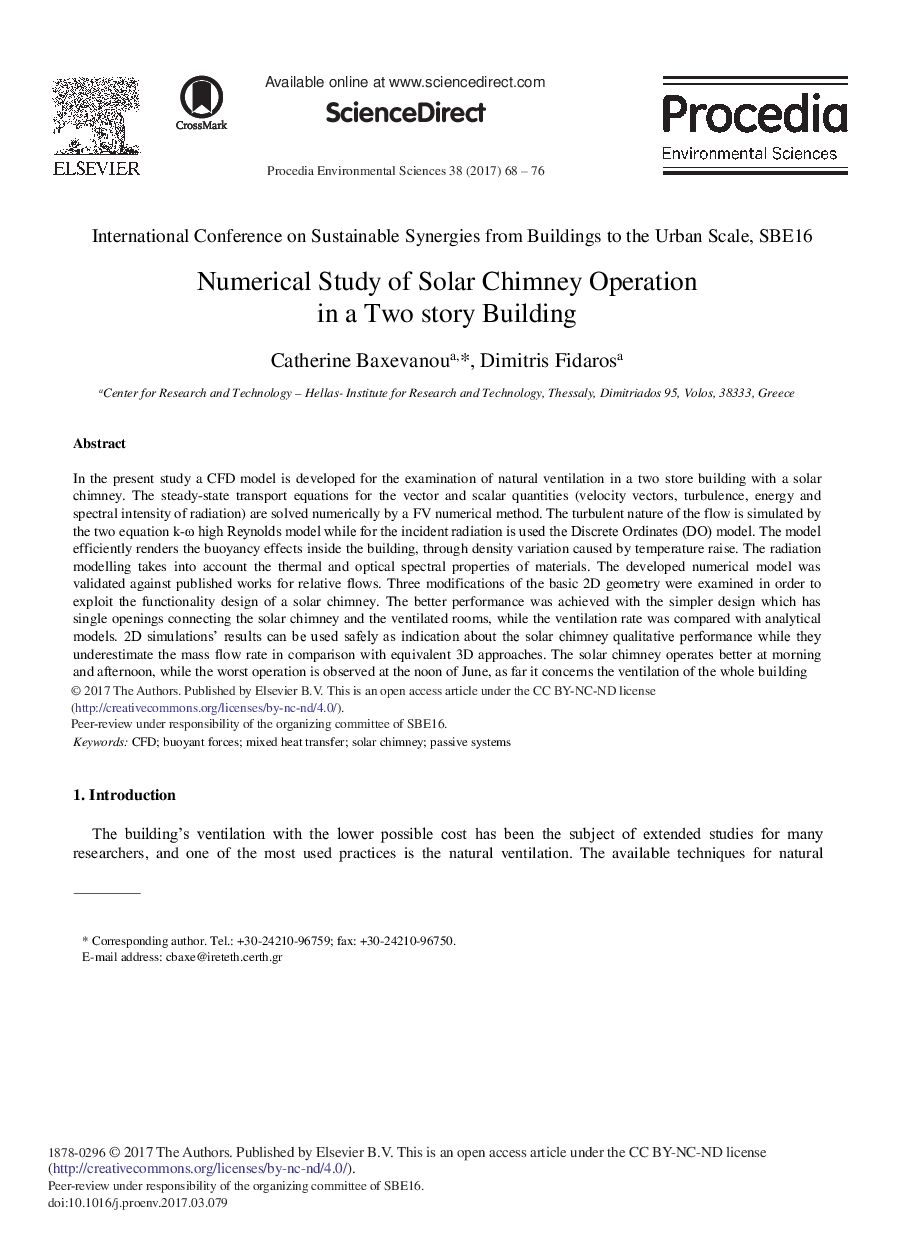Numerical Study of Solar Chimney Operation in a Two Story Building