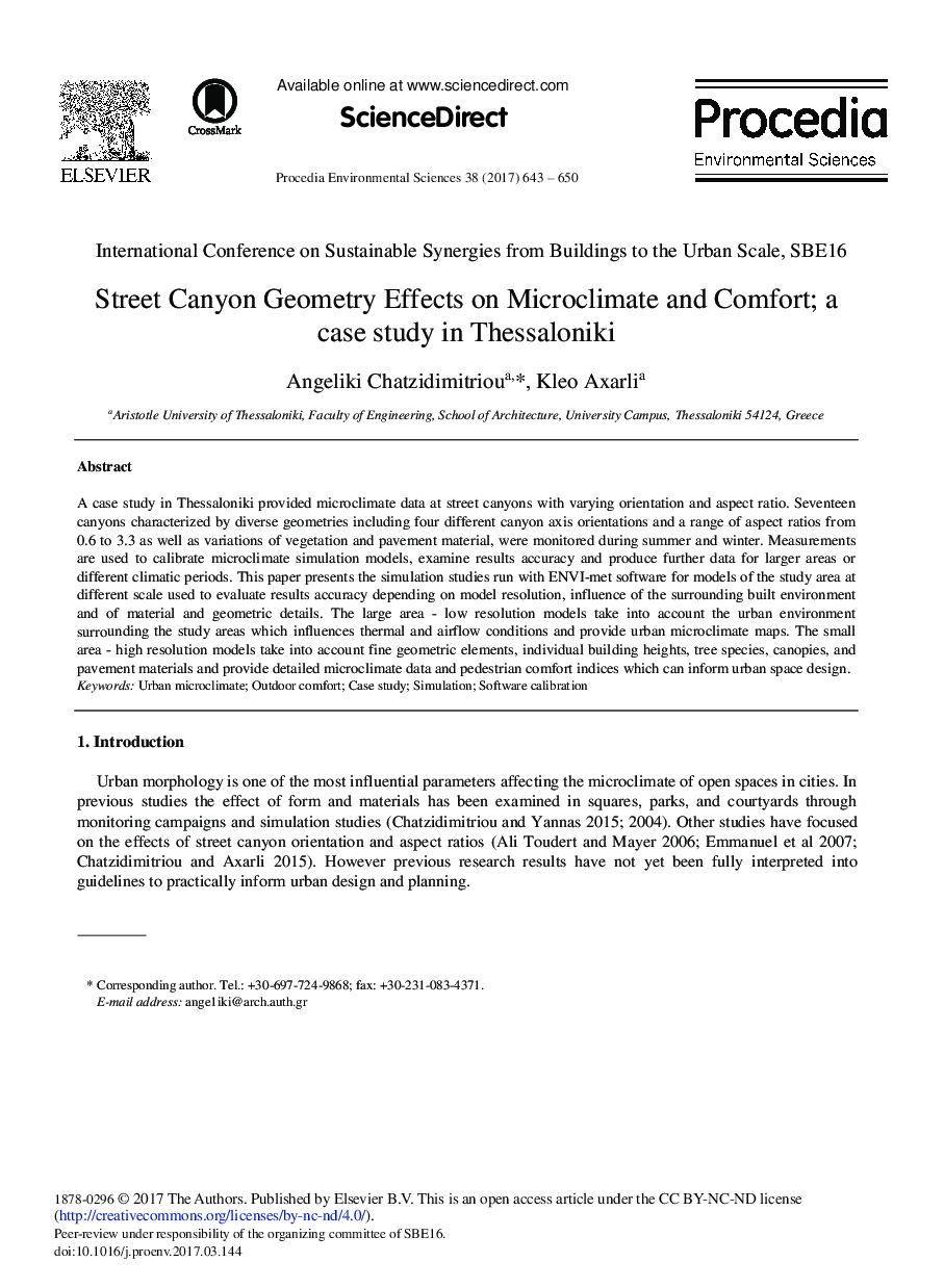 Street Canyon Geometry Effects on Microclimate and Comfort; A Case Study in Thessaloniki