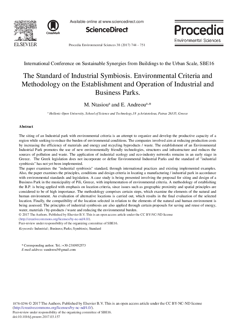 The Standard of Industrial Symbiosis. Environmental Criteria and Methodology on the Establishment and Operation of Industrial and Business Parks