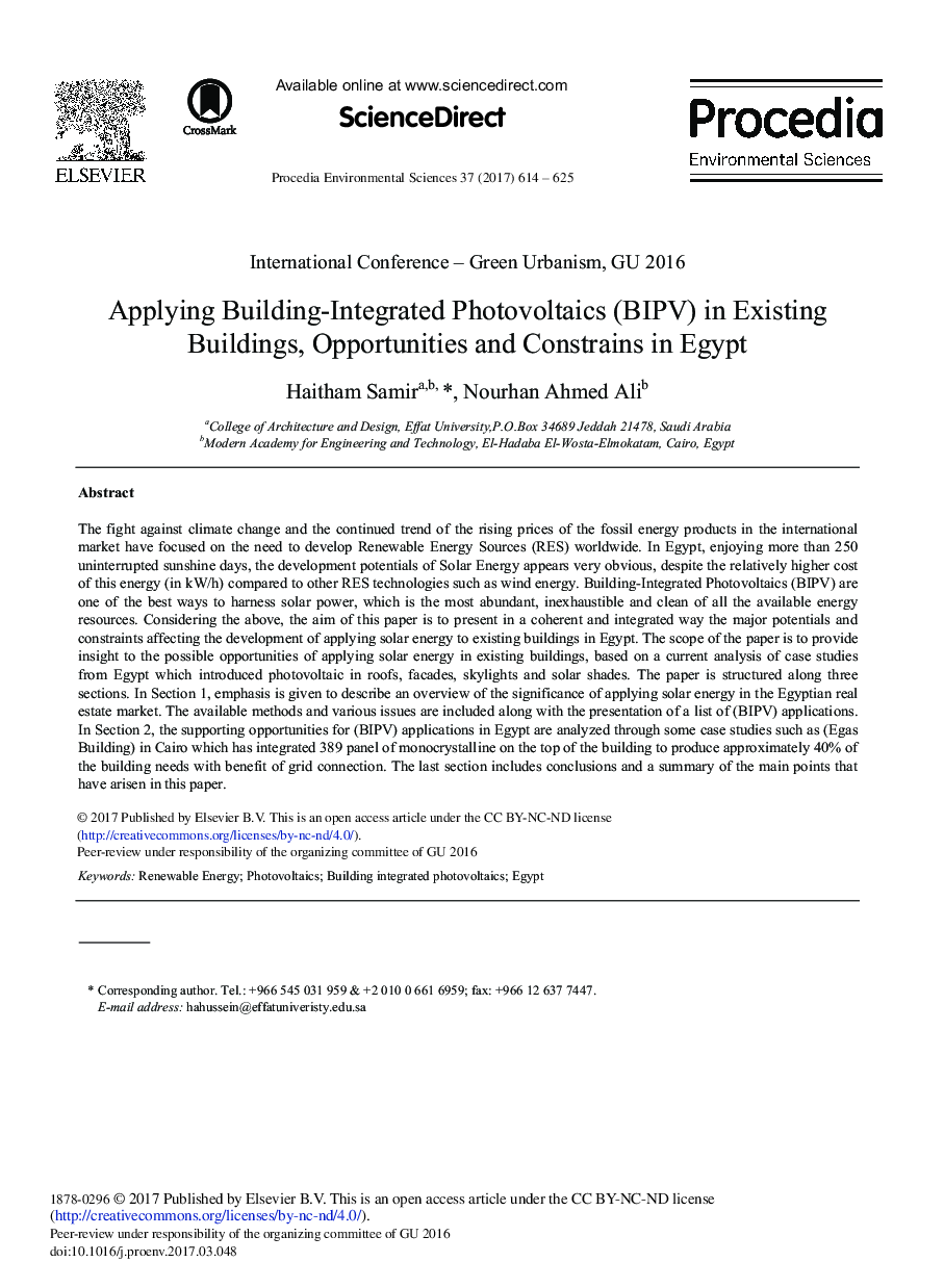 Applying Building-integrated Photovoltaics (BIPV) in Existing Buildings, Opportunities and Constrains in Egypt