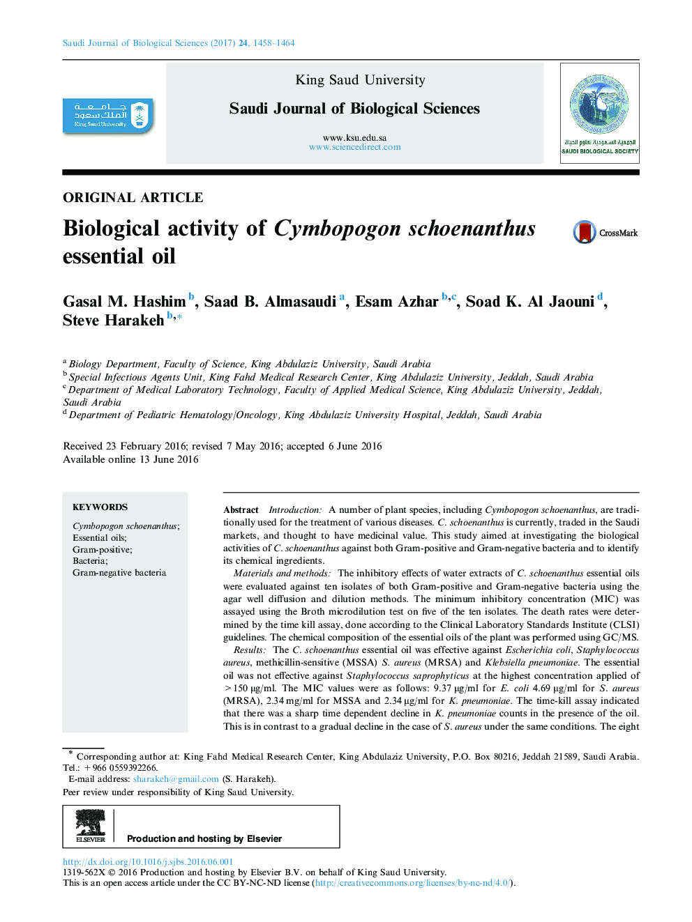 Original articleBiological activity of Cymbopogon schoenanthus essential oil