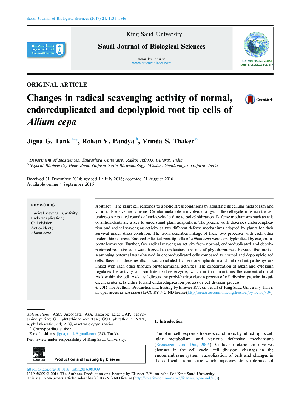 Original articleChanges in radical scavenging activity of normal, endoreduplicated and depolyploid root tip cells of Allium cepa