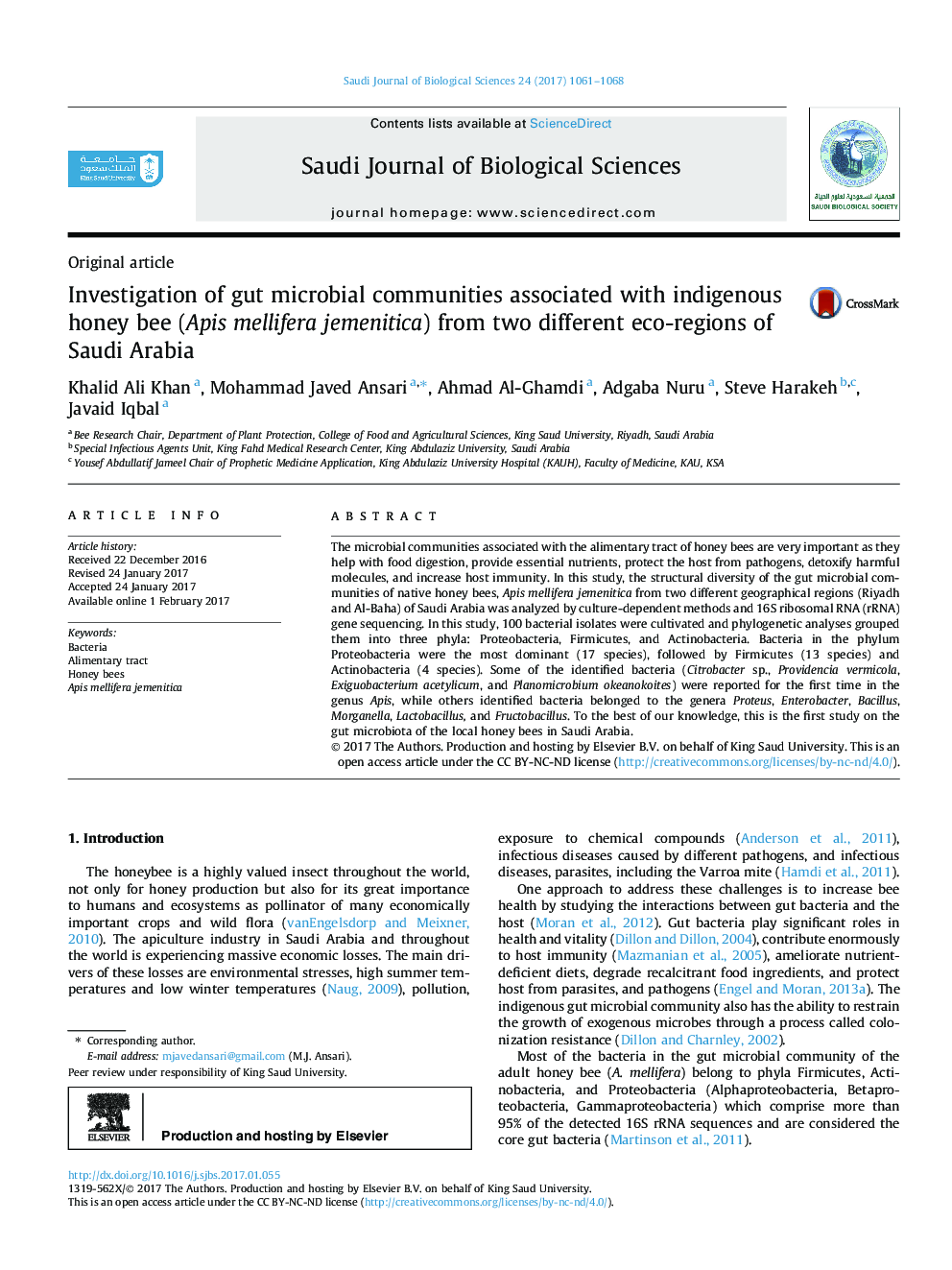 Original articleInvestigation of gut microbial communities associated with indigenous honey bee (Apis mellifera jemenitica) from two different eco-regions of Saudi Arabia