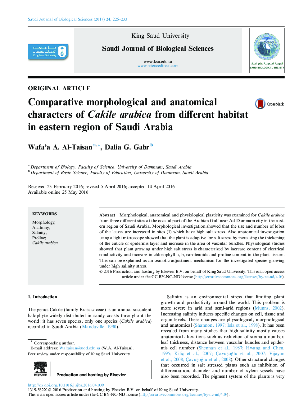 Original articleComparative morphological and anatomical characters of Cakile arabica from different habitat in eastern region of Saudi Arabia