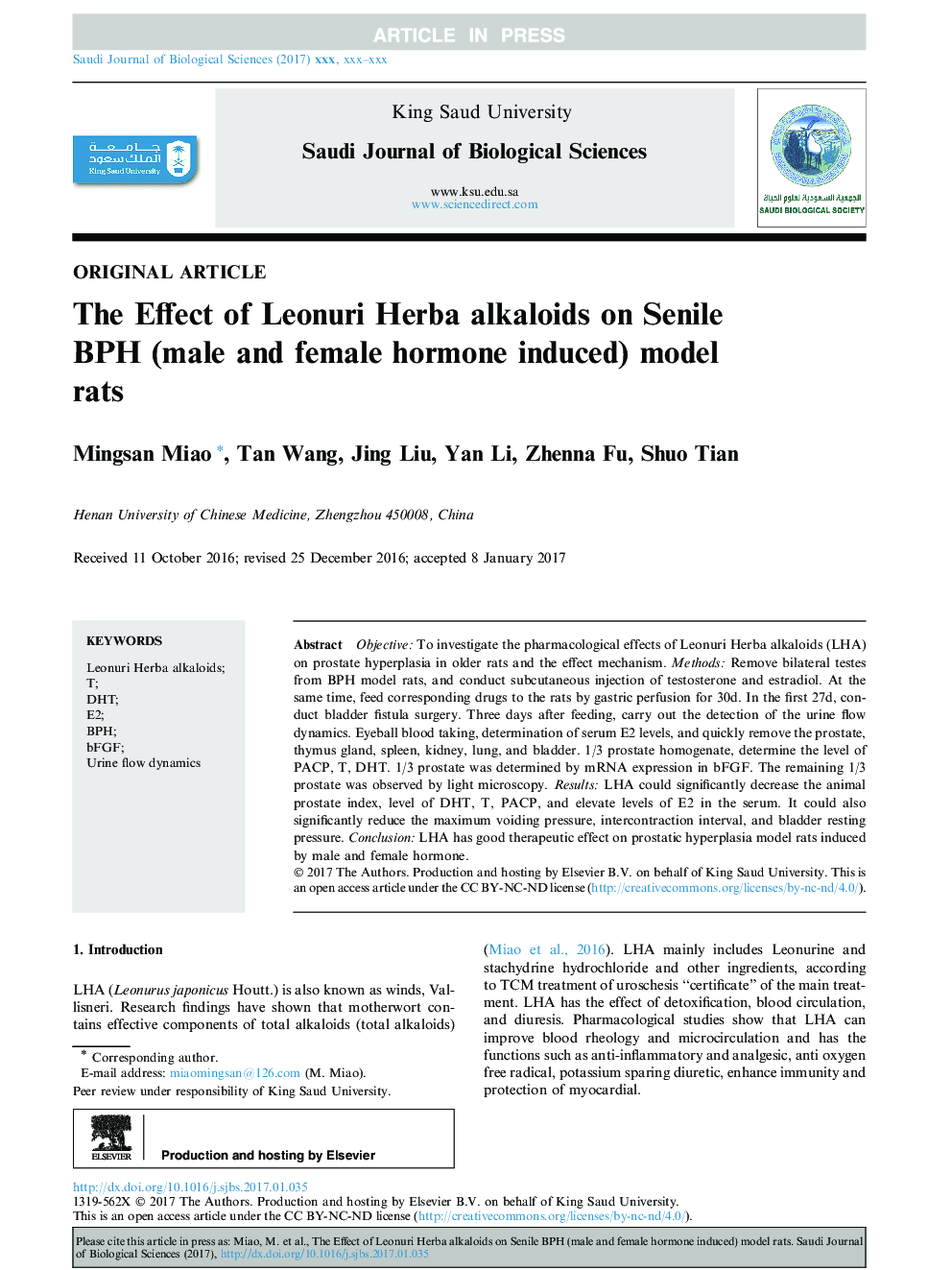 The Effect of Leonuri Herba alkaloids on Senile BPH (male and female hormone induced) model rats