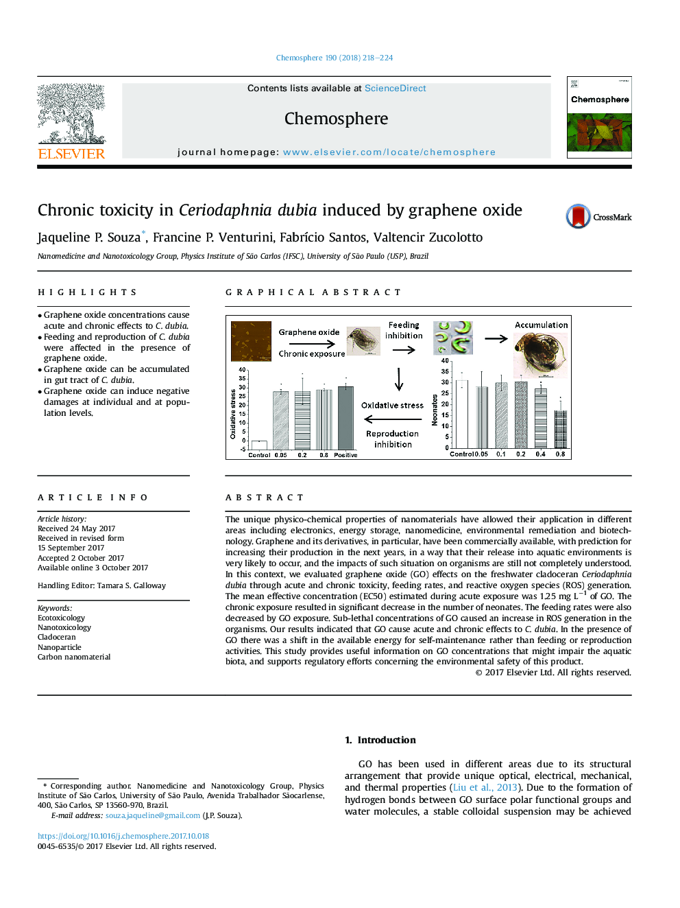 Chronic toxicity in Ceriodaphnia dubia induced by graphene oxide