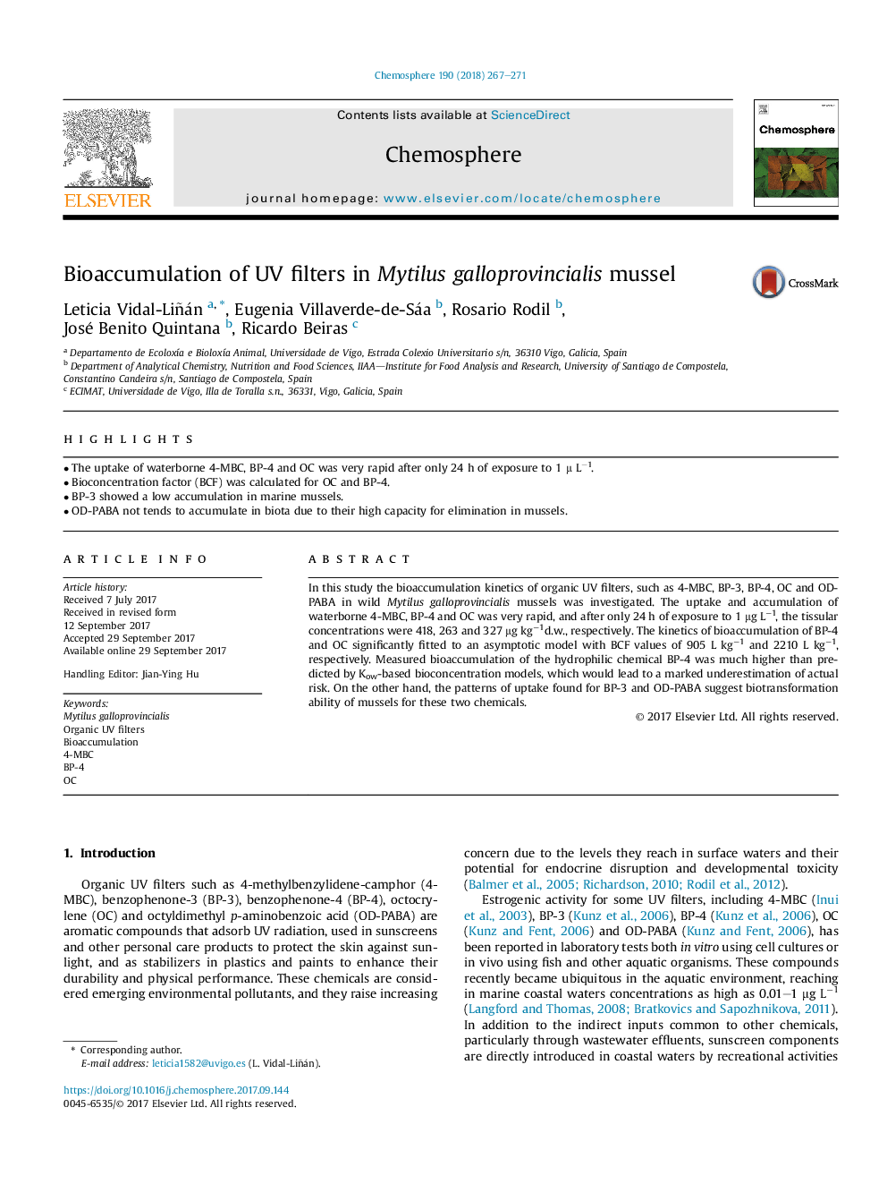 Bioaccumulation of UV filters in Mytilus galloprovincialis mussel