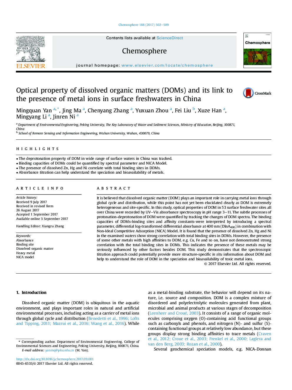 Optical property of dissolved organic matters (DOMs) and its link to the presence of metal ions in surface freshwaters in China