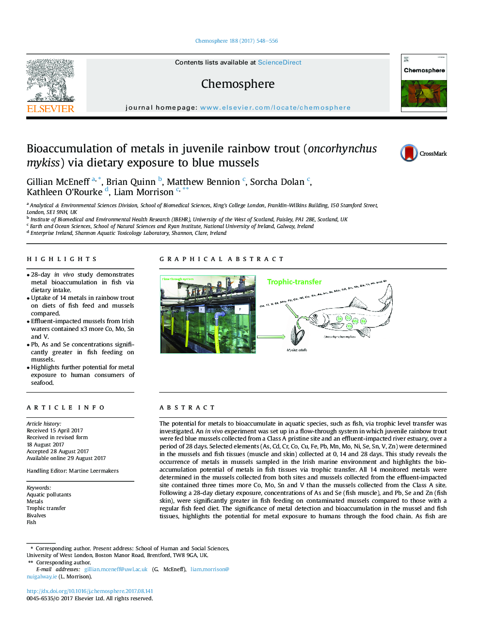 Bioaccumulation of metals in juvenile rainbow trout (oncorhynchus mykiss) via dietary exposure to blue mussels