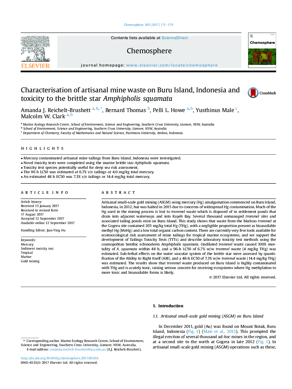 Characterisation of artisanal mine waste on Buru Island, Indonesia and toxicity to the brittle star Amphipholis squamata