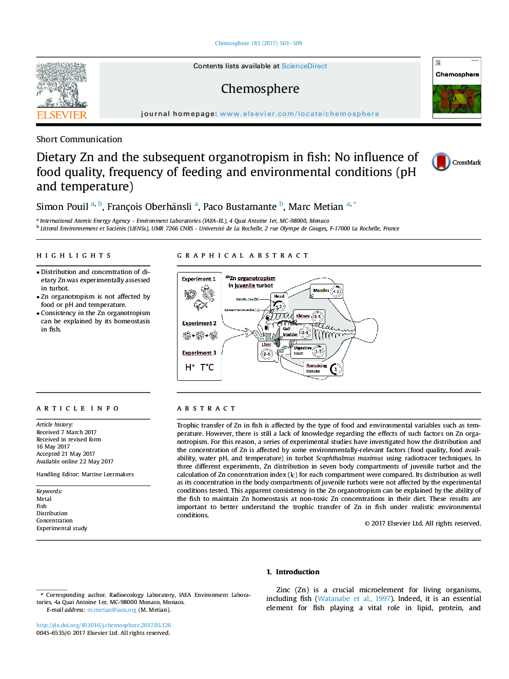 Short CommunicationDietary Zn and the subsequent organotropism in fish: No influence of food quality, frequency of feeding and environmental conditions (pH and temperature)