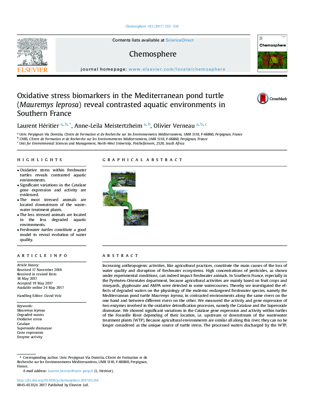 Oxidative stress biomarkers in the Mediterranean pond turtle (Mauremys leprosa) reveal contrasted aquatic environments in Southern France