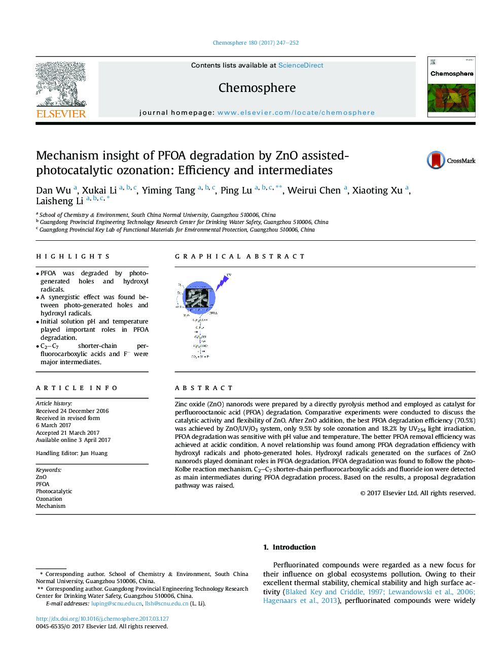 Mechanism insight of PFOA degradation by ZnO assisted-photocatalytic ozonation: Efficiency and intermediates