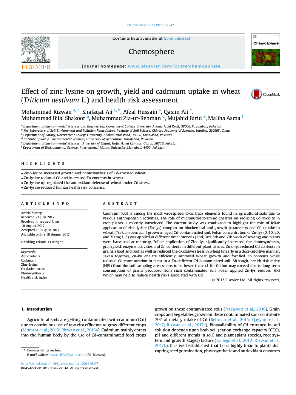 Effect of zinc-lysine on growth, yield and cadmium uptake in wheat (Triticum aestivum L.) and health risk assessment