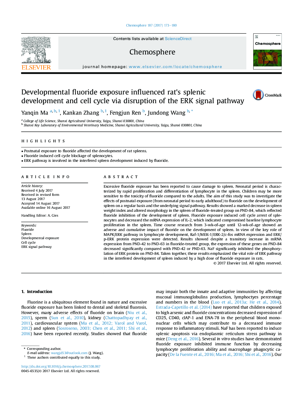Developmental fluoride exposure influenced rat's splenic development and cell cycle via disruption of the ERK signal pathway