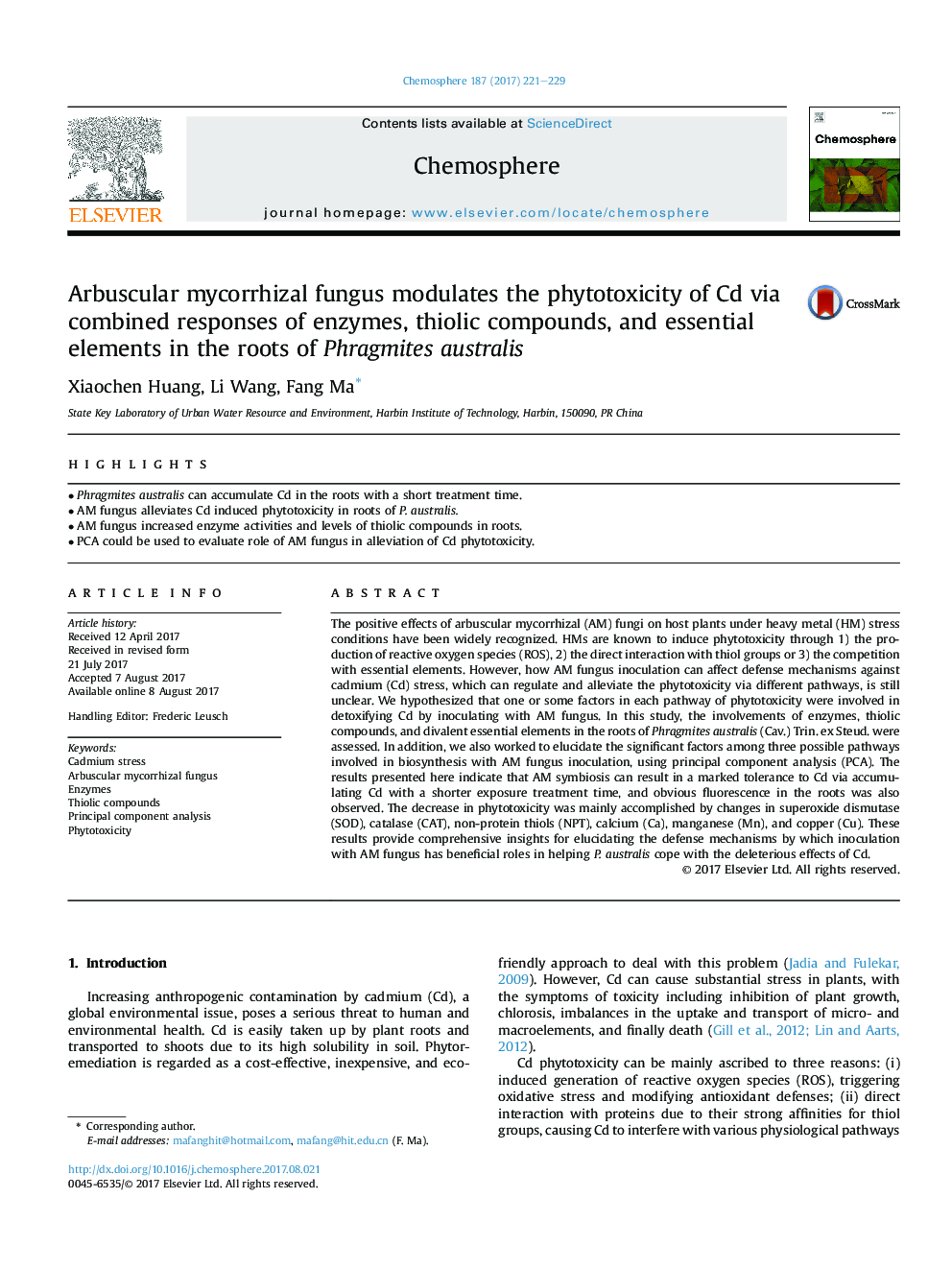 Arbuscular mycorrhizal fungus modulates the phytotoxicity of Cd via combined responses of enzymes, thiolic compounds, and essential elements in the roots of Phragmites australis