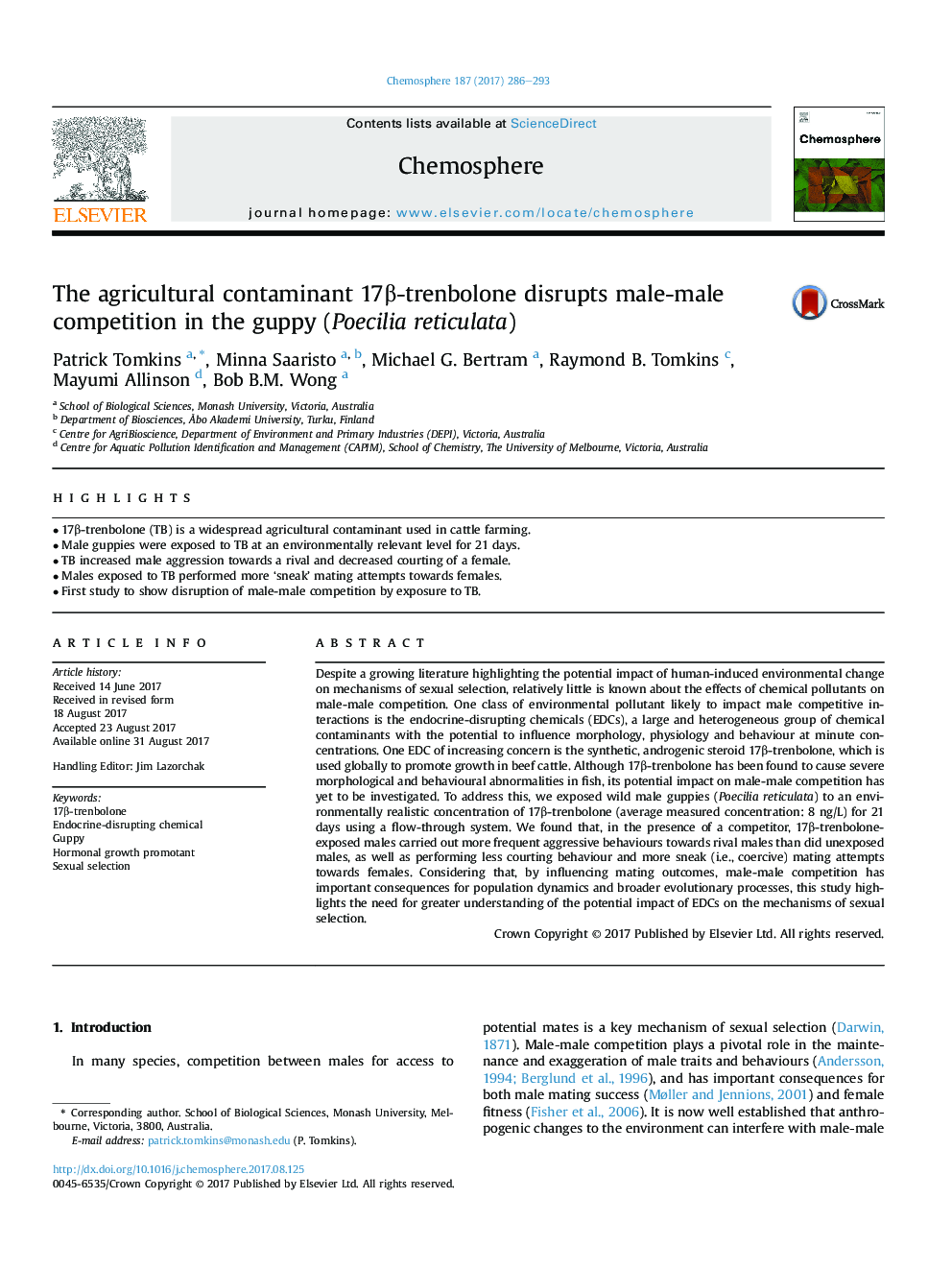 The agricultural contaminant 17Î²-trenbolone disrupts male-male competition in the guppy (Poecilia reticulata)