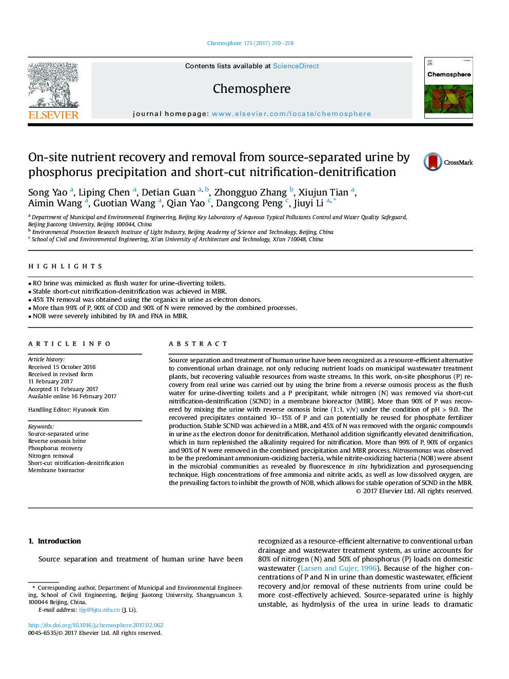 On-site nutrient recovery and removal from source-separated urine by phosphorus precipitation and short-cut nitrification-denitrification