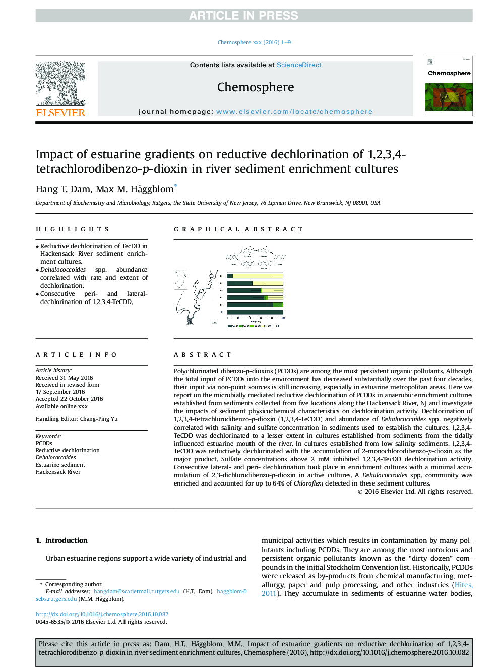 Impact of estuarine gradients on reductive dechlorination of 1,2,3,4-tetrachlorodibenzo-p-dioxin in river sediment enrichment cultures