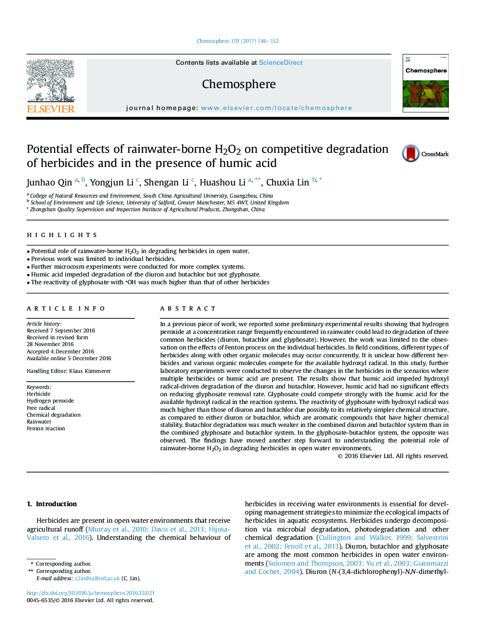 Potential effects of rainwater-borne H2O2 on competitive degradation of herbicides and in the presence of humic acid