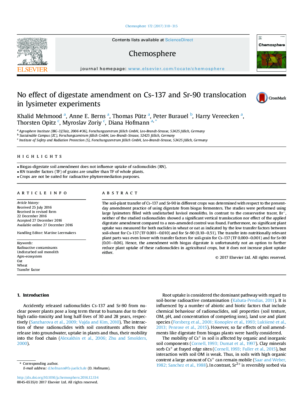 No effect of digestate amendment on Cs-137 and Sr-90 translocation in lysimeter experiments