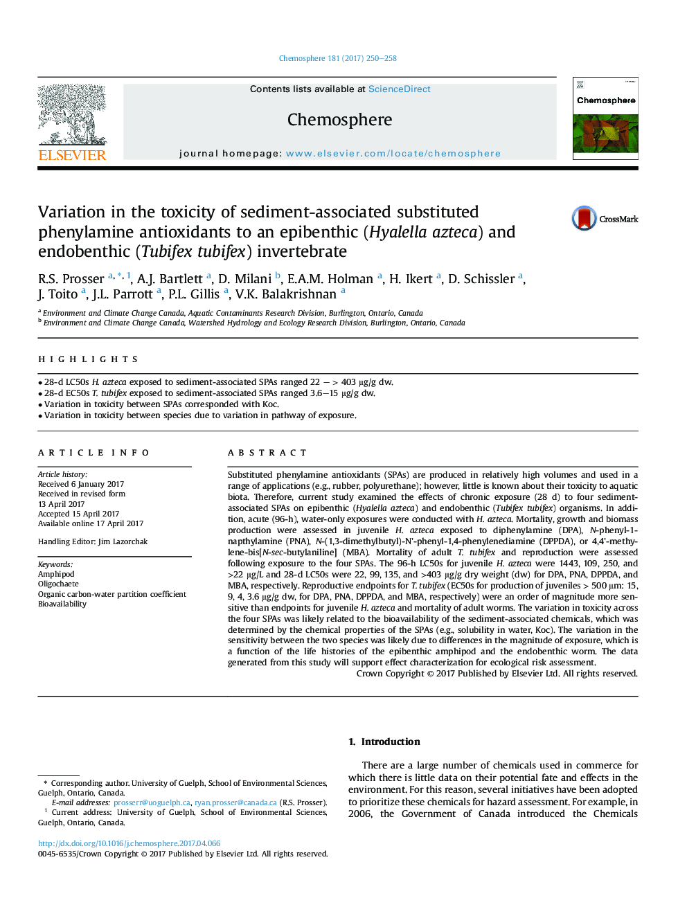 Variation in the toxicity of sediment-associated substituted phenylamine antioxidants to an epibenthic (Hyalella azteca) and endobenthic (Tubifex tubifex) invertebrate