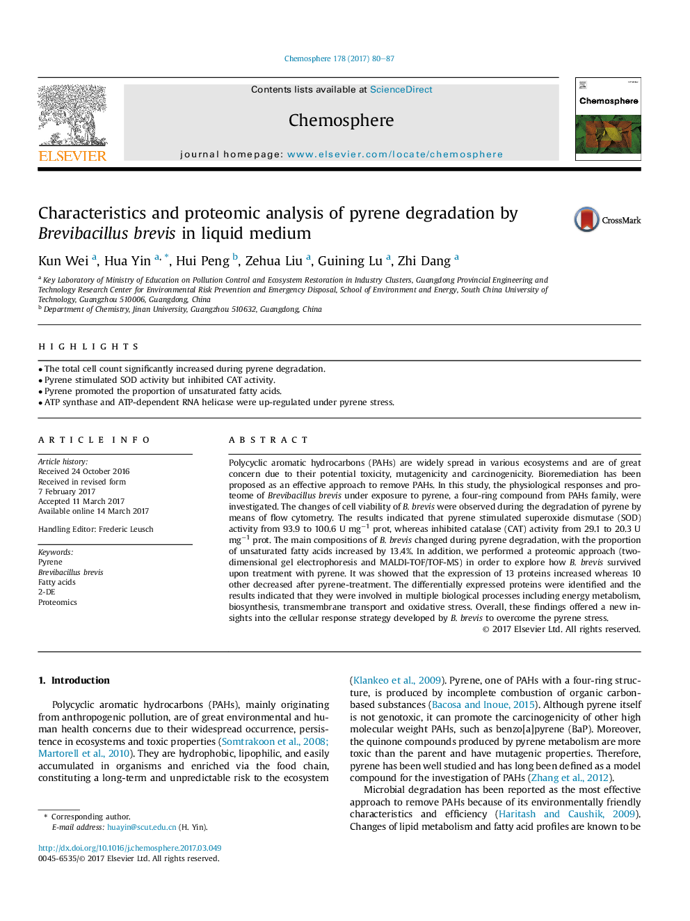 Characteristics and proteomic analysis of pyrene degradation by Brevibacillus brevis in liquid medium