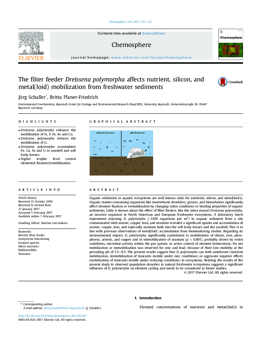 The filter feeder Dreissena polymorpha affects nutrient, silicon, and metal(loid) mobilization from freshwater sediments