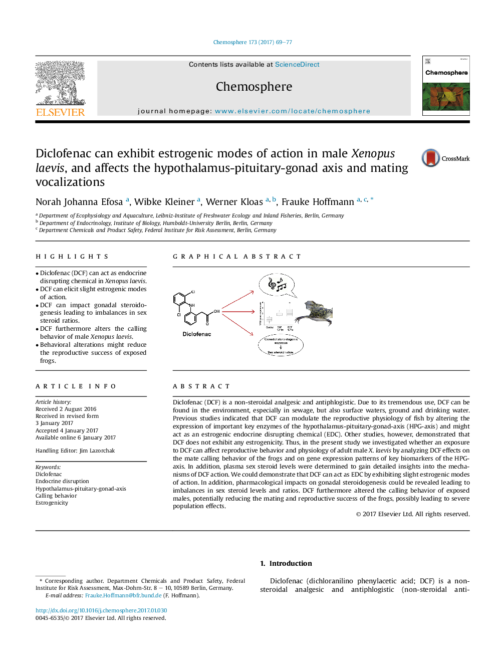 Diclofenac can exhibit estrogenic modes of action in male Xenopus laevis, and affects the hypothalamus-pituitary-gonad axis and mating vocalizations