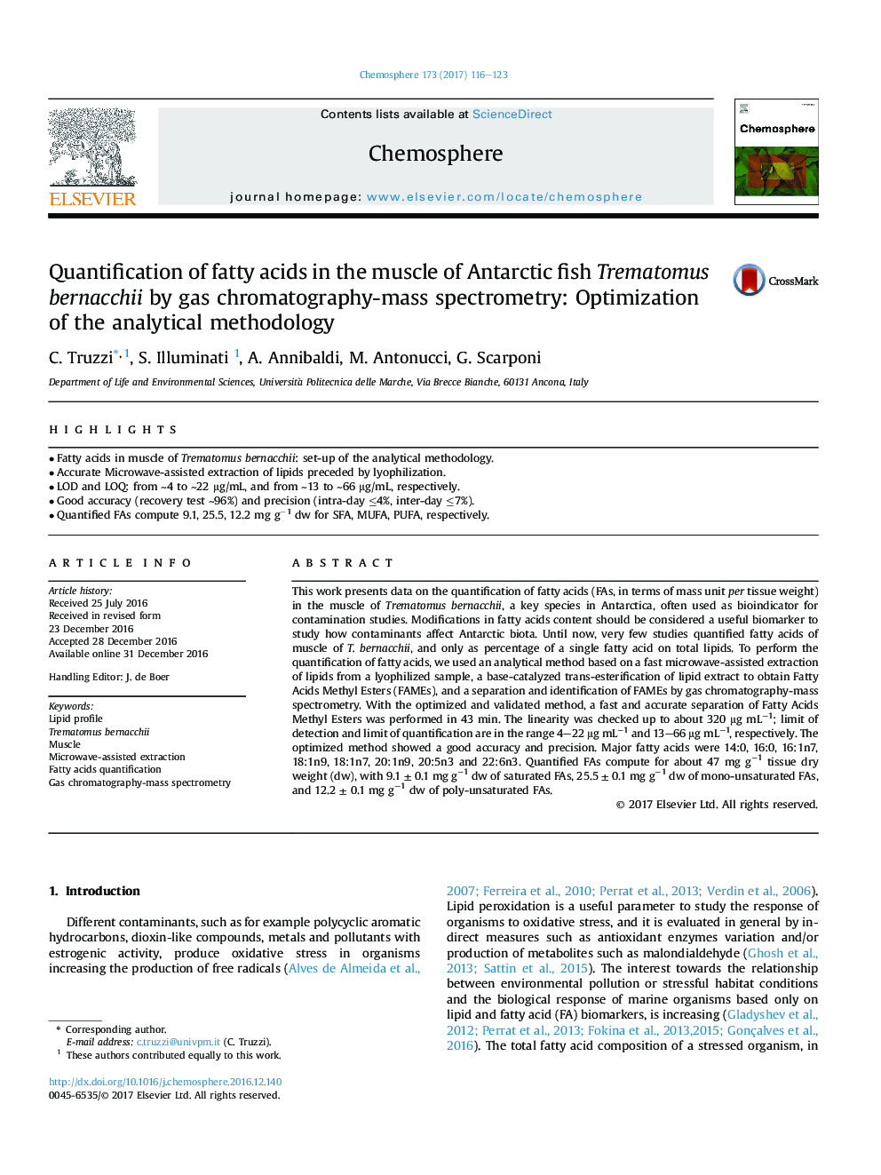 Quantification of fatty acids in the muscle of Antarctic fish Trematomus bernacchii by gas chromatography-mass spectrometry: Optimization of the analytical methodology