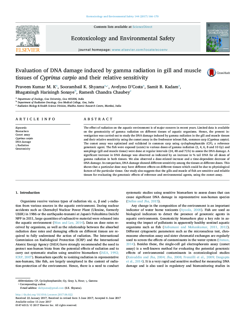 Evaluation of DNA damage induced by gamma radiation in gill and muscle tissues of Cyprinus carpio and their relative sensitivity