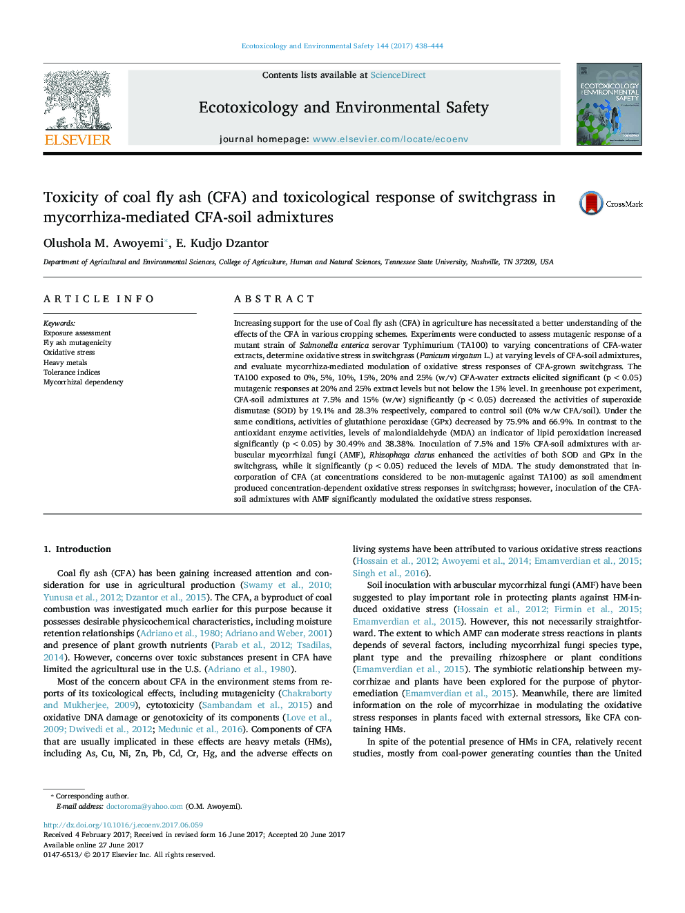 Toxicity of coal fly ash (CFA) and toxicological response of switchgrass in mycorrhiza-mediated CFA-soil admixtures