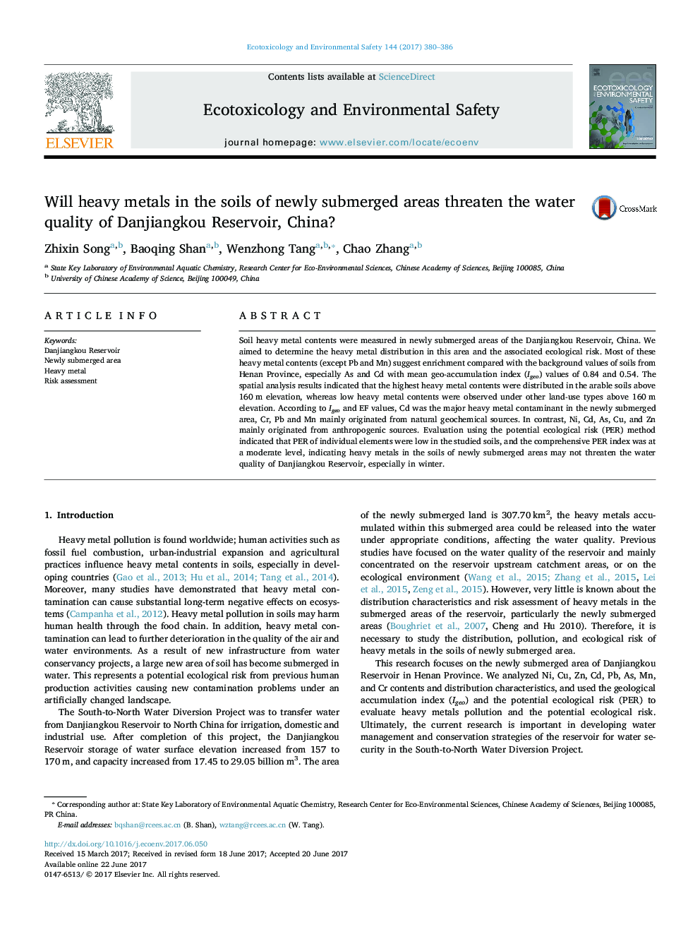 Will heavy metals in the soils of newly submerged areas threaten the water quality of Danjiangkou Reservoir, China?