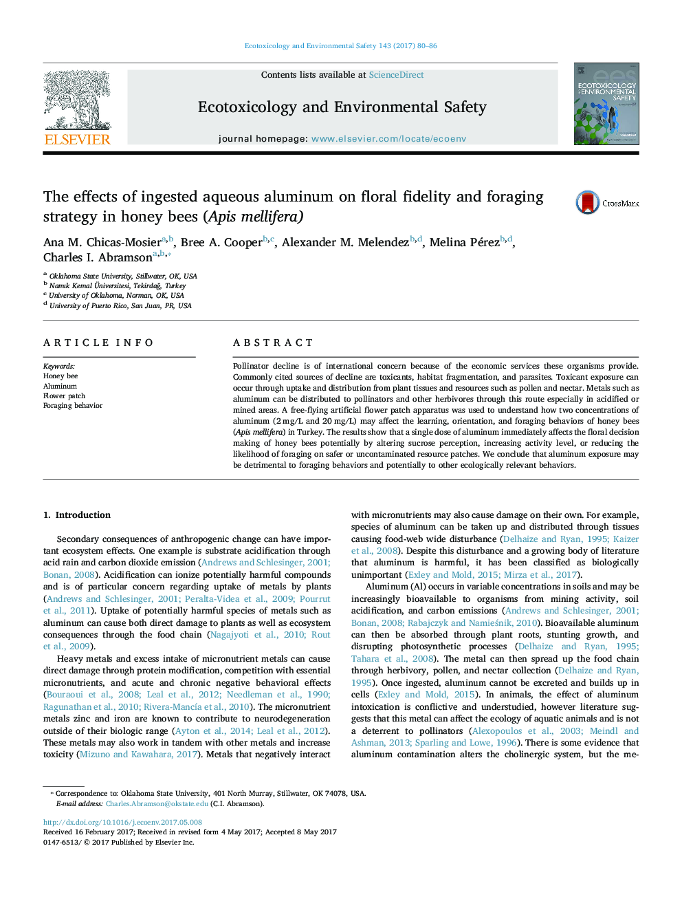 The effects of ingested aqueous aluminum on floral fidelity and foraging strategy in honey bees (Apis mellifera)