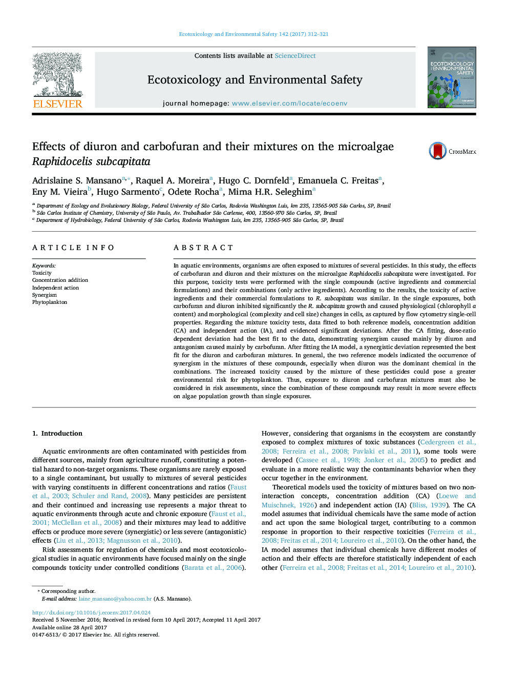 Effects of diuron and carbofuran and their mixtures on the microalgae Raphidocelis subcapitata