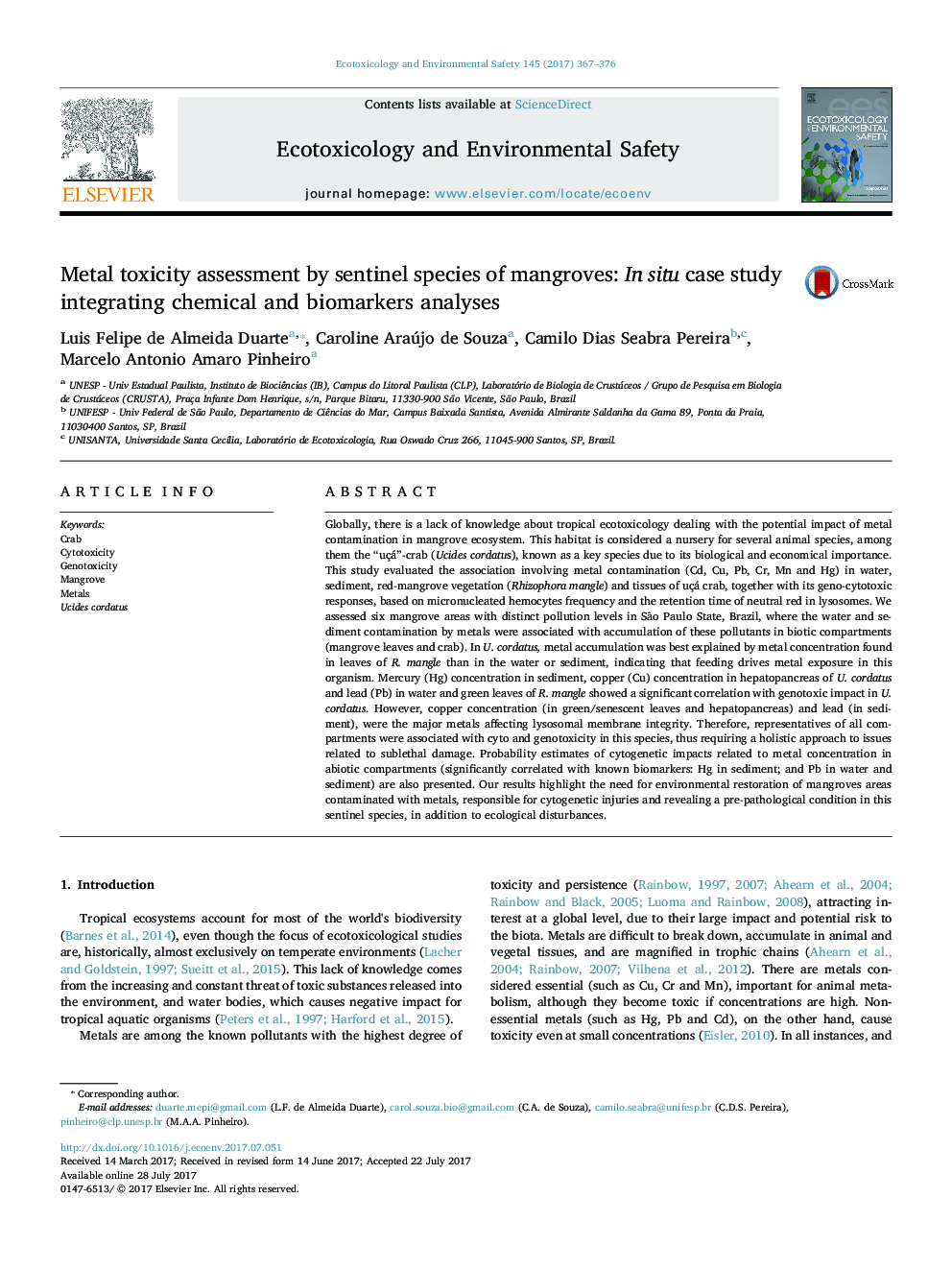 Metal toxicity assessment by sentinel species of mangroves: In situ case study integrating chemical and biomarkers analyses