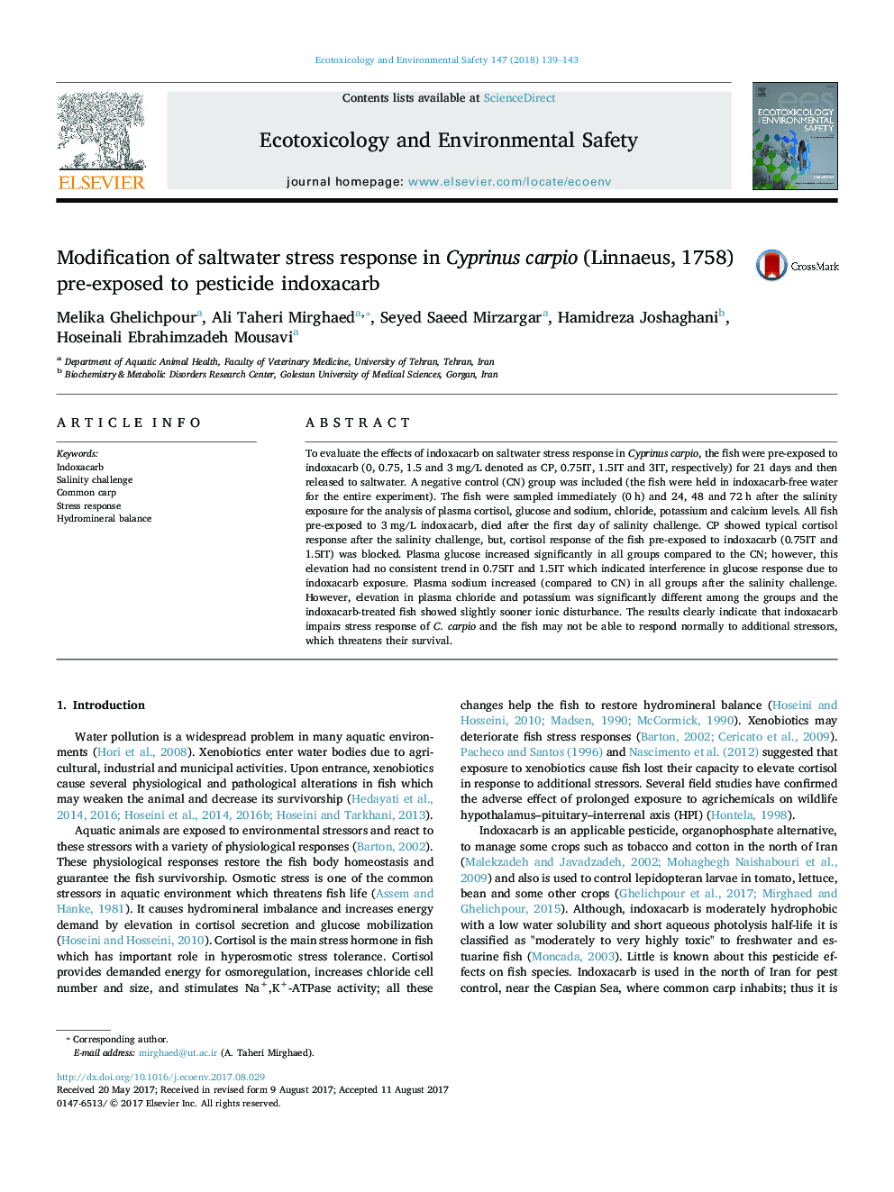 Modification of saltwater stress response in Cyprinus carpio (Linnaeus, 1758) pre-exposed to pesticide indoxacarb