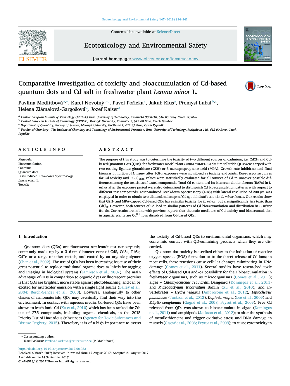 Comparative investigation of toxicity and bioaccumulation of Cd-based quantum dots and Cd salt in freshwater plant Lemna minor L.