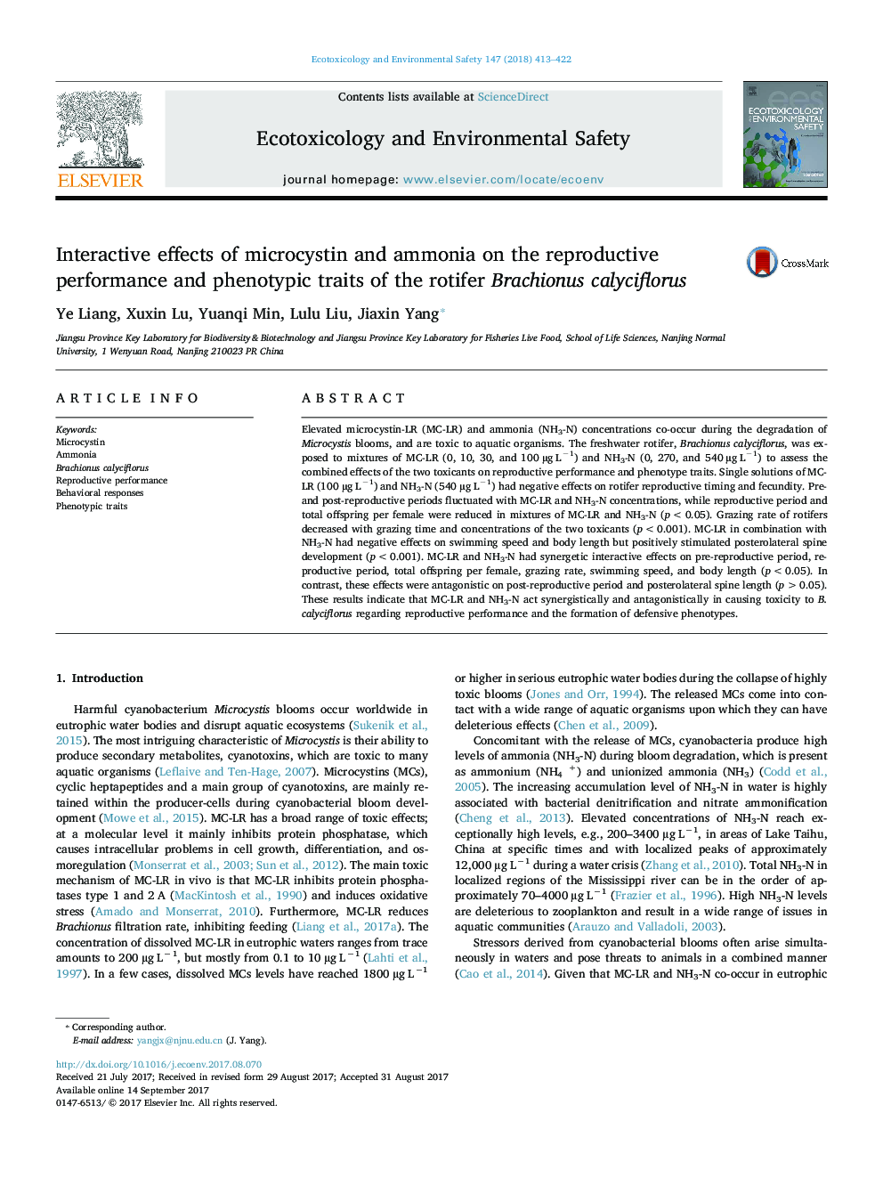 Interactive effects of microcystin and ammonia on the reproductive performance and phenotypic traits of the rotifer Brachionus calyciflorus