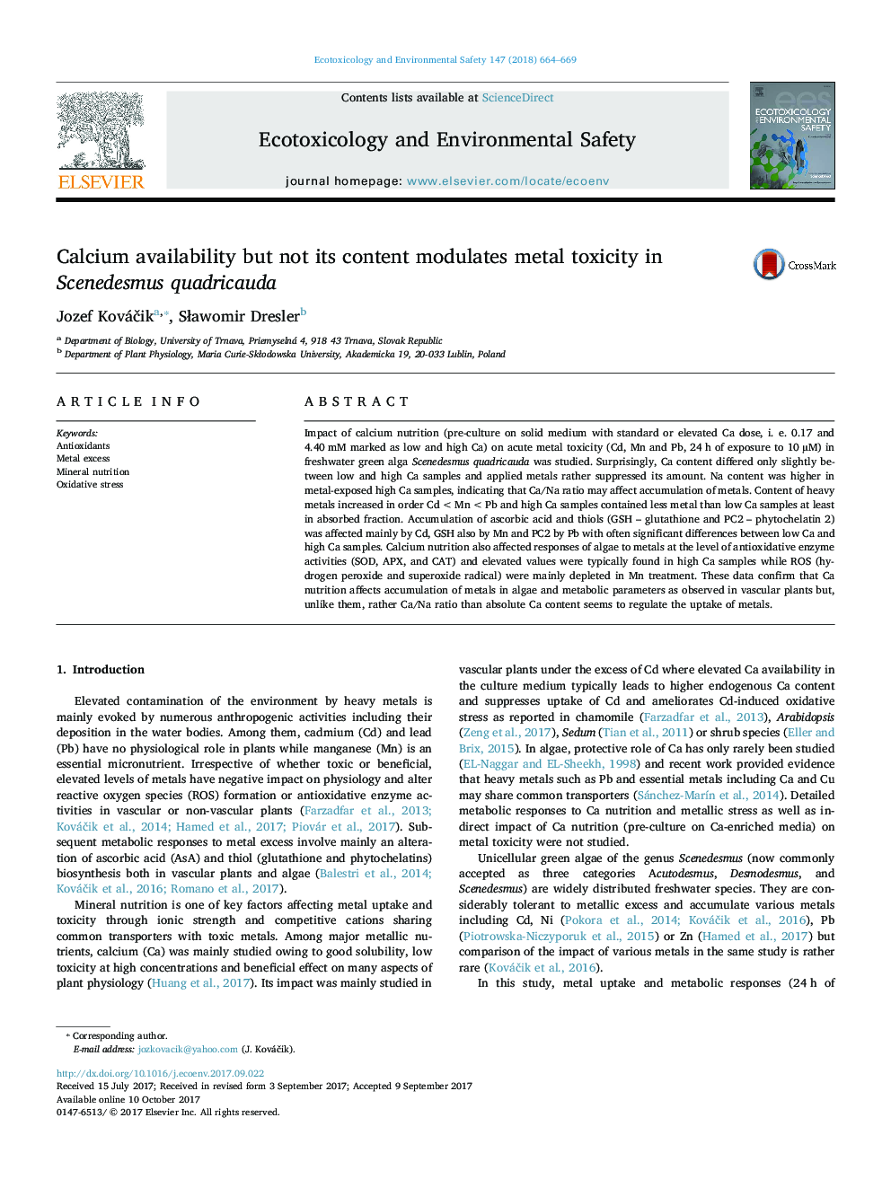 Calcium availability but not its content modulates metal toxicity in Scenedesmus quadricauda